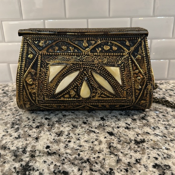 Moroccan Hammered Brass and Bone Purse - Picture 2 of 8